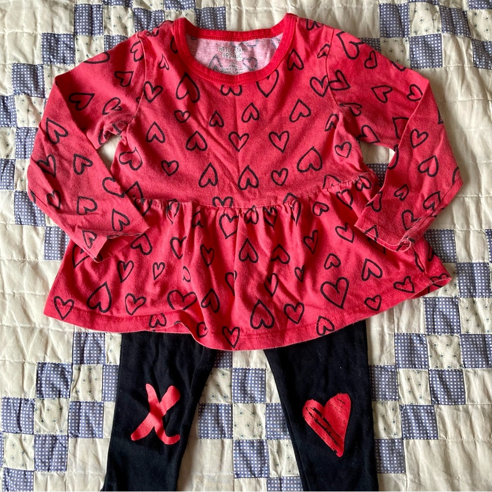Little Star organic cotton toddler girl Valentines outfit red black hearts
